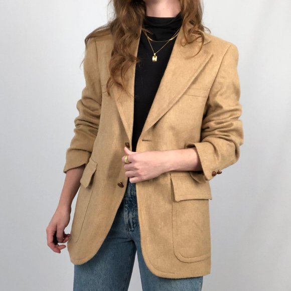 Vintage 100% Camel Hair Oversized Tan English Preppy Academia Blazer Jacket Coat - Picture 1 of 9